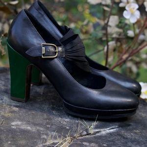 DRIES VAN NOTEN BLACK AND GREEN FABRIC BUCKLE MARY JANE SZ 7